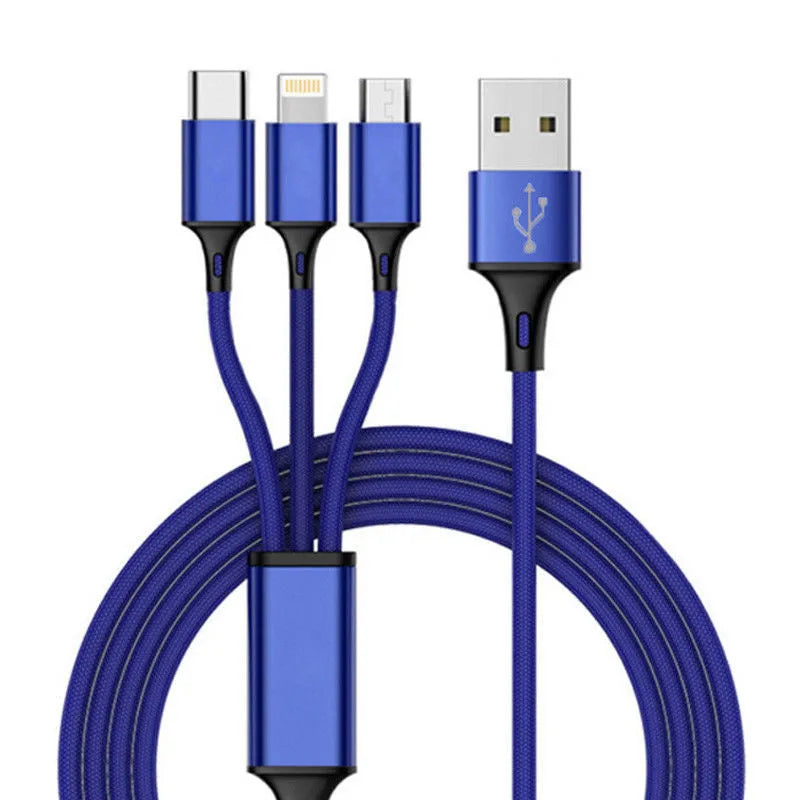 3-in-1 braided charging cable with Lightning, Micro-USB and Type-C connectors in nylon braiding