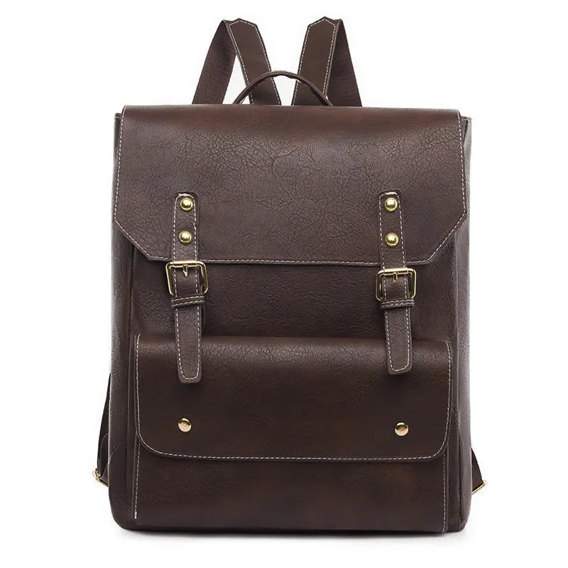 Korean retro style simple backpack in soft PU leather, shown in black, dark brown, milky white, and brown colour options.