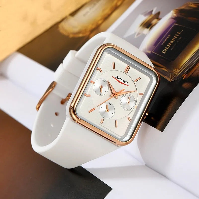 Square silicone waterproof watch for girls in multiple colour options on a wrist.