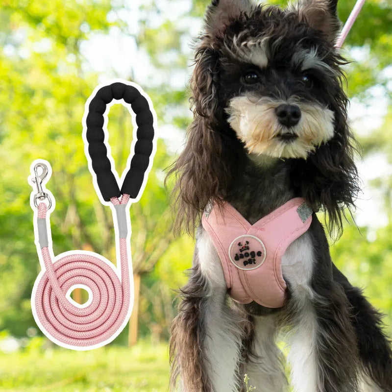 Polyester dog vest and matching hand holding rope leash set in blue, green, pink, or yellow.