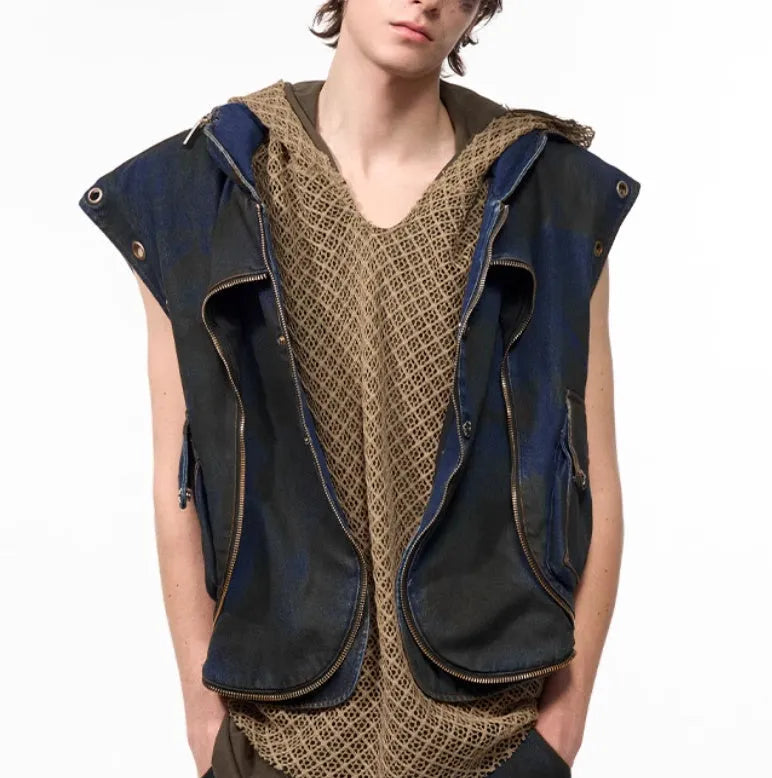 Blue hooded denim vest coat and matching trousers laid flat, showing zip front and Korean style design