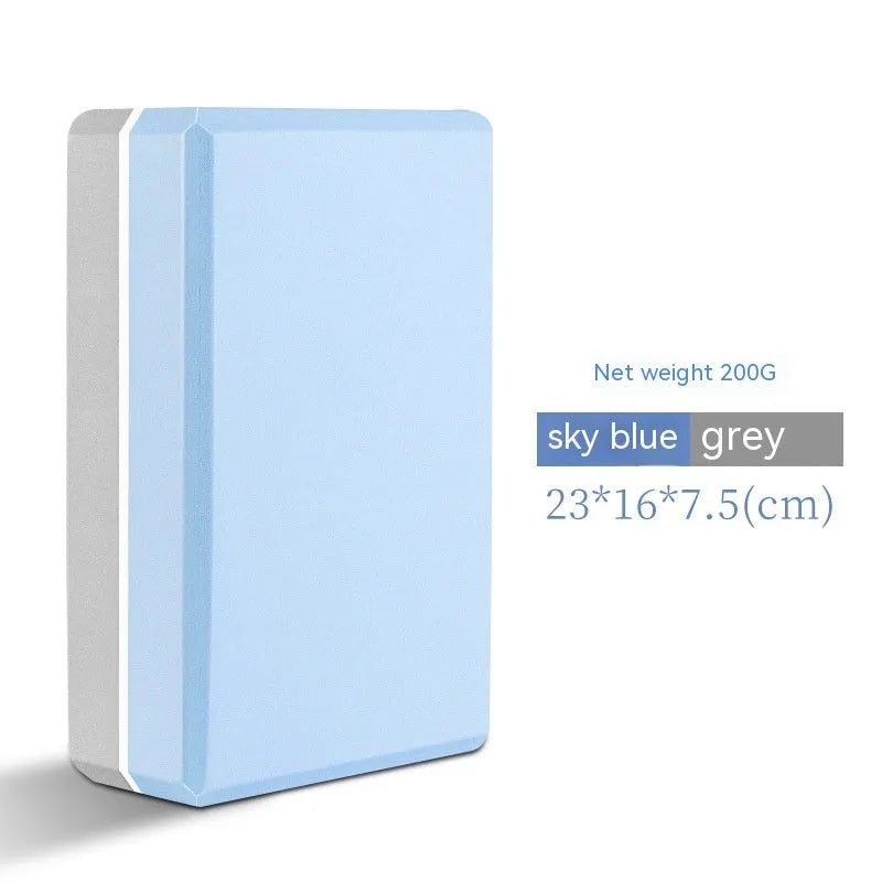 High-density EVA foam yoga block in various colours and prints on a workout mat.