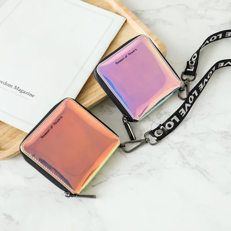 Short folding Korean style women's wallet in PU leather, shown in crystal blue colour