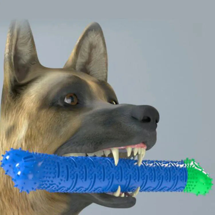 Blue and green dog dental chew toy with textured brush head and massage nodules for teeth cleaning and gum care.