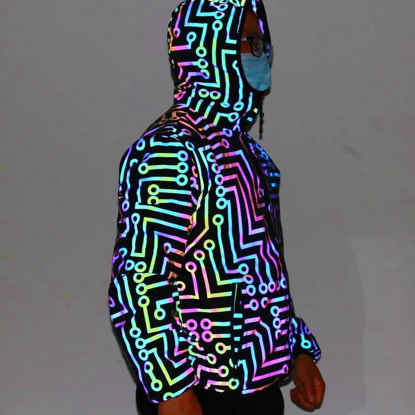Unisex black reflective hooded jacket with straight hem, 95% polyester, available in sizes M to 3XL for dance