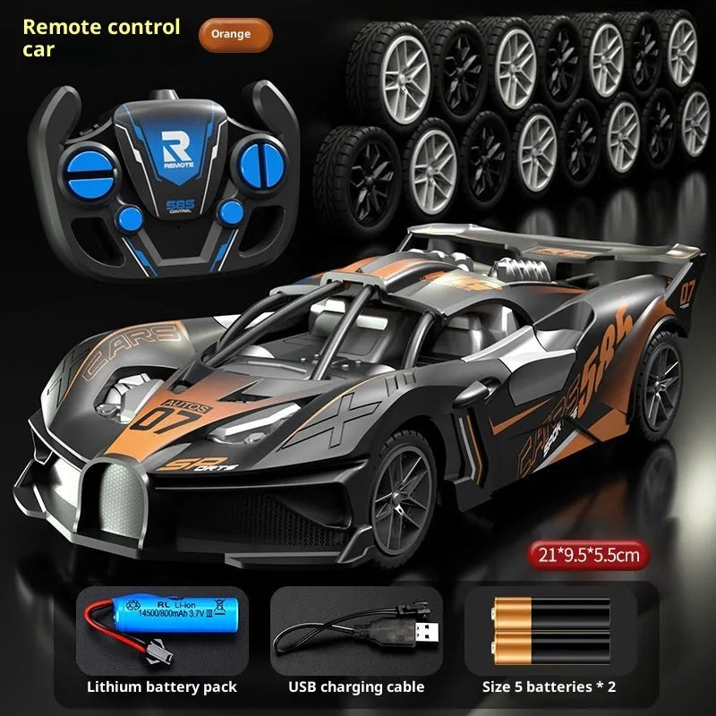 Children's remote control car toy in green with four-way charging and wireless remote