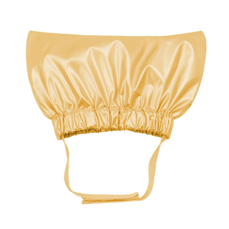 Adjustable ear-proof pet shower cap in non-woven fabric, shown in gold, pink, and silver colours.