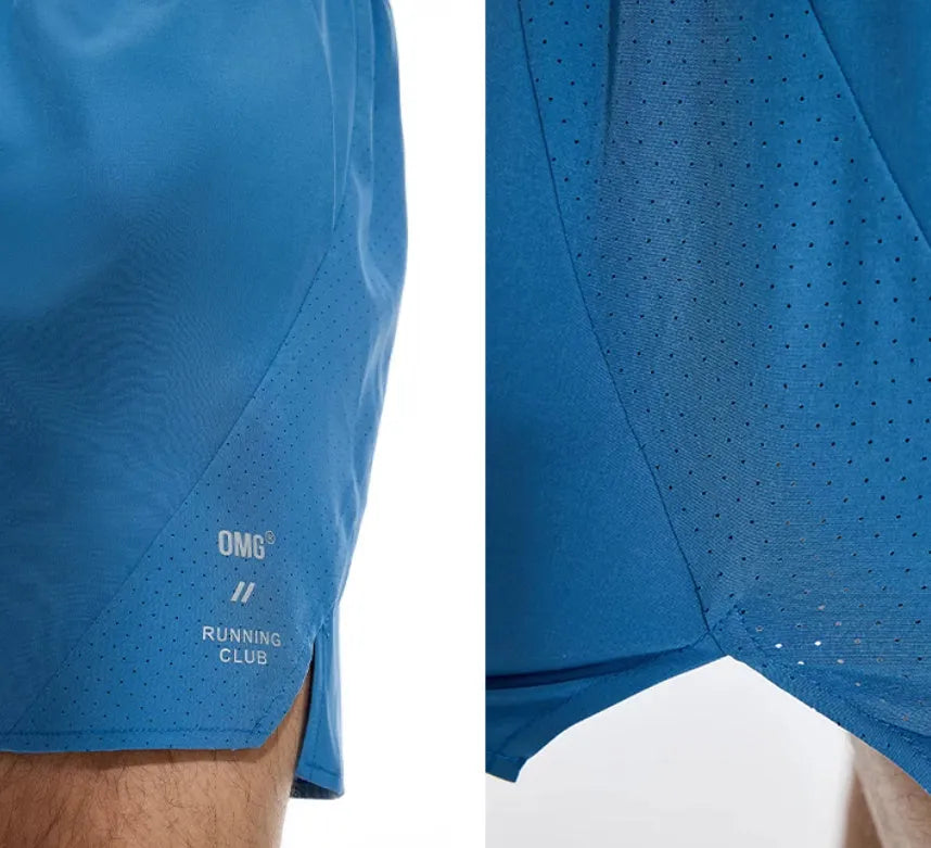 Black and blue four-point running shorts with laser punching stitching details on a mannequin.