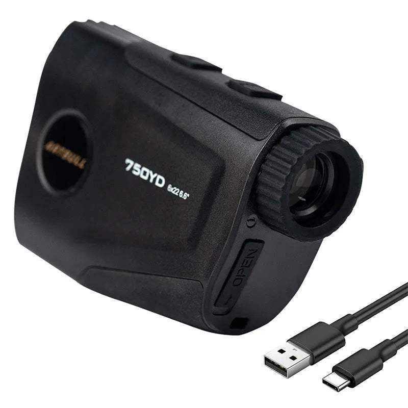 Golf laser rangefinder with 750 yard range showing flag lock and slope compensation functions