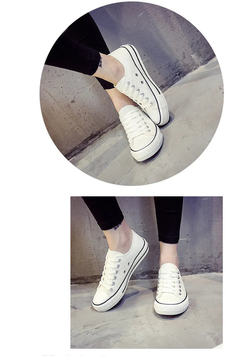 Women's casual canvas shoes in solid black, white-black, or white-red colour options