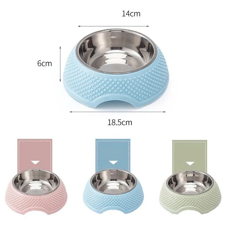 Set of four stainless steel pet bowls with coloured bases, shown from above.