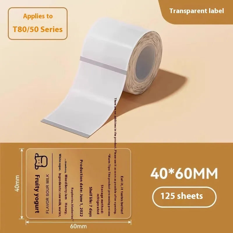 Transparent waterproof adhesive labels in multiple sizes on thermal synthetic paper sheets
