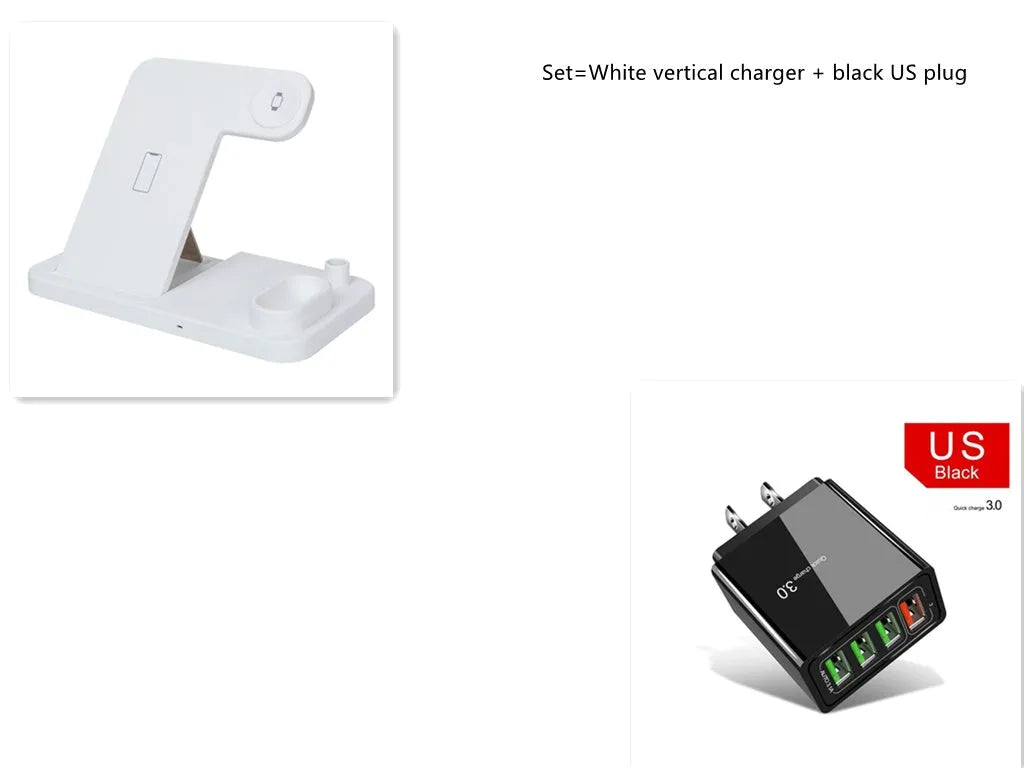 Black and white 4-in-1 wireless charging station showing phone on adjustable stand, Apple Watch, AirPods, and Apple Pencil charging simultaneously.