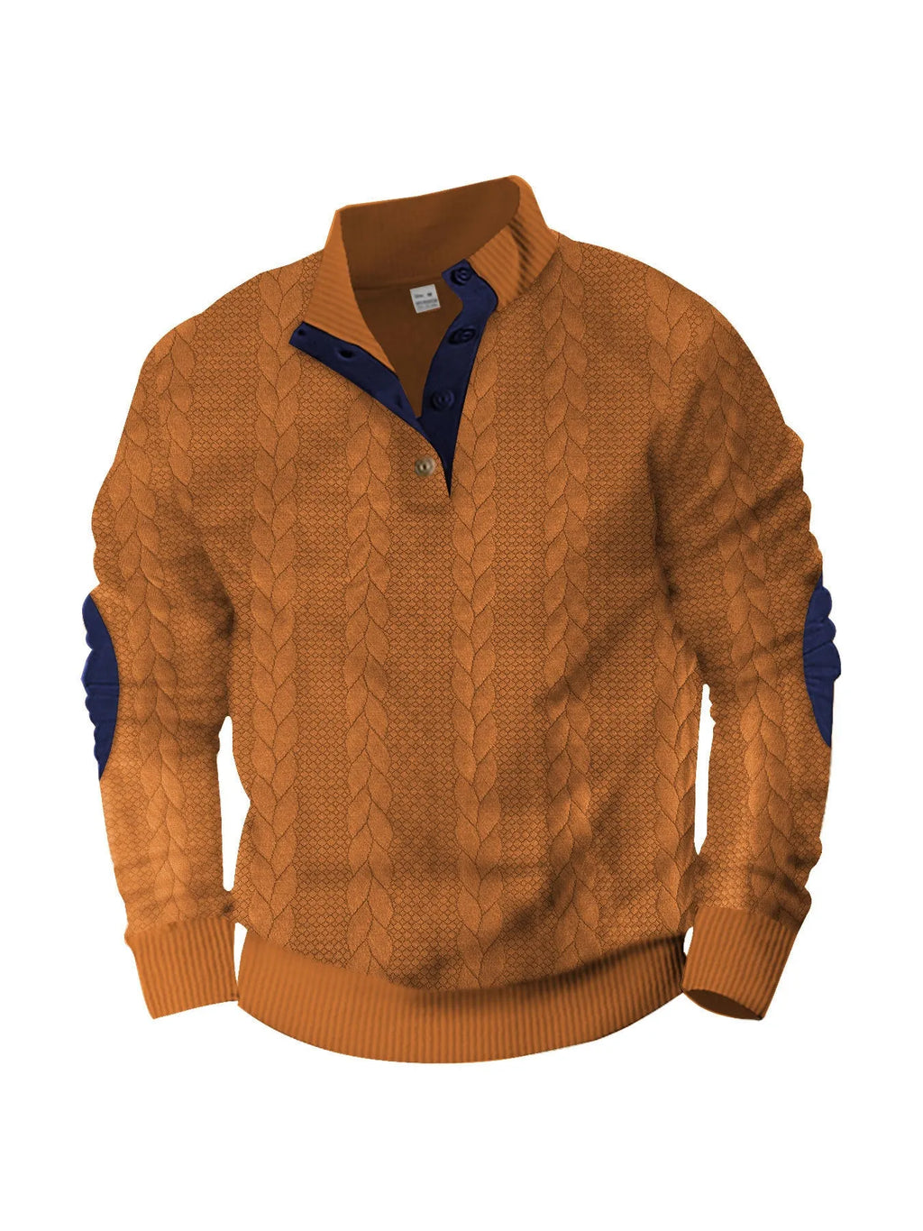 Fashion jacquard buckle long sleeve embroidered patch sweater in caramel colour