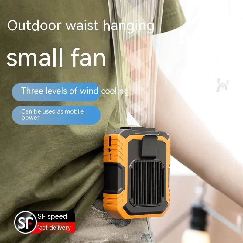 Green wearable wrist fan with LED light and USB charging port, showing adjustable strap.