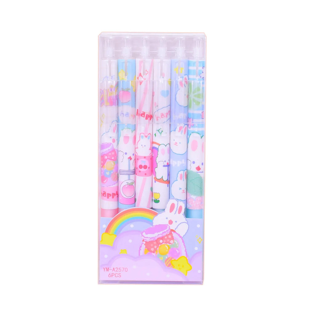 Six black gel pens with cartoon bunny designs, showing 0.5mm tips, arranged in a set.