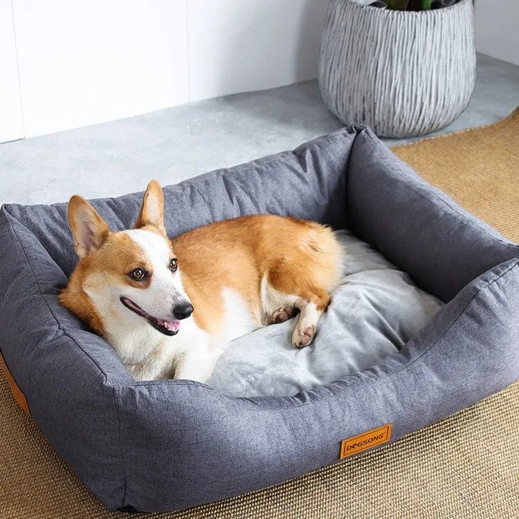 Cloth dog kennel bed in khaki with summer sleeping mat, available in four sizes S to XL for small to large dogs