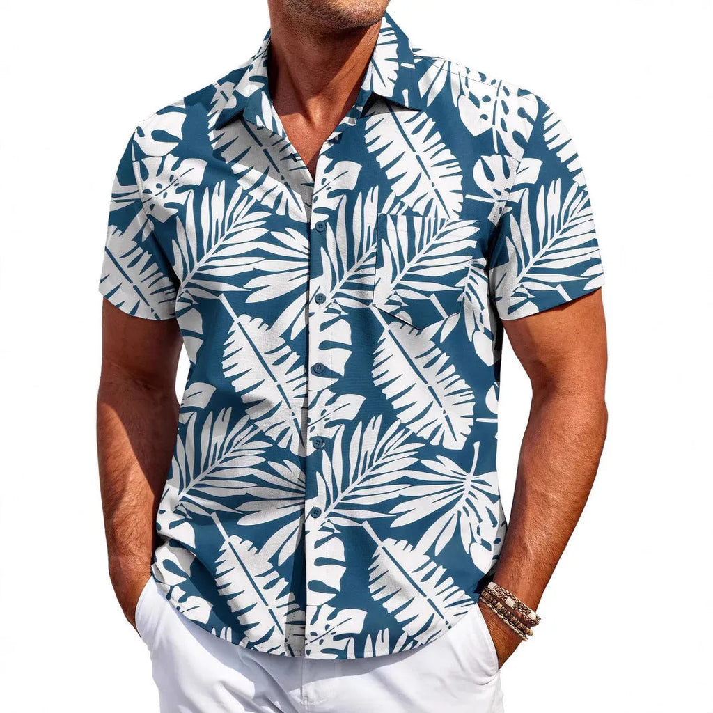 Men's slim fit Hawaiian short sleeve shirt in elastic polyester fabric.