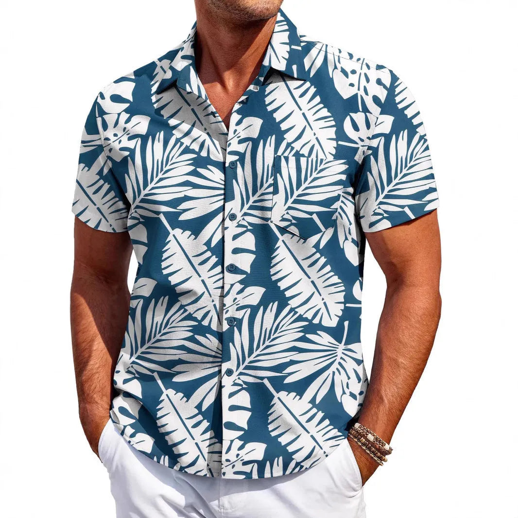 Men's slim fit Hawaiian short sleeve shirt in elastic polyester fabric.