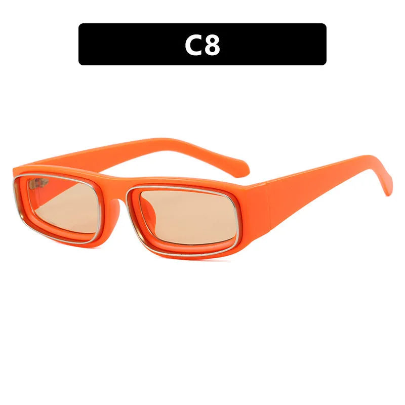 Double circle narrow frame square sun glasses in black with gray lens, retro punk street style design