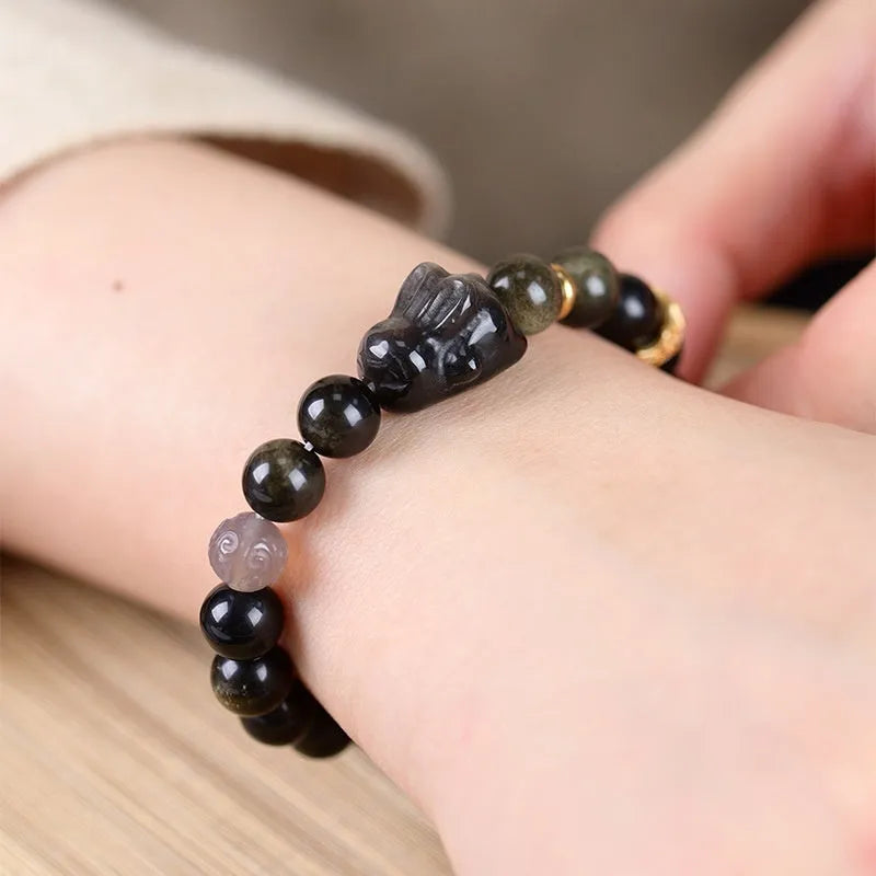 Handmade national style obsidian bracelet with lying rabbit charm in mixed metals and grey agate