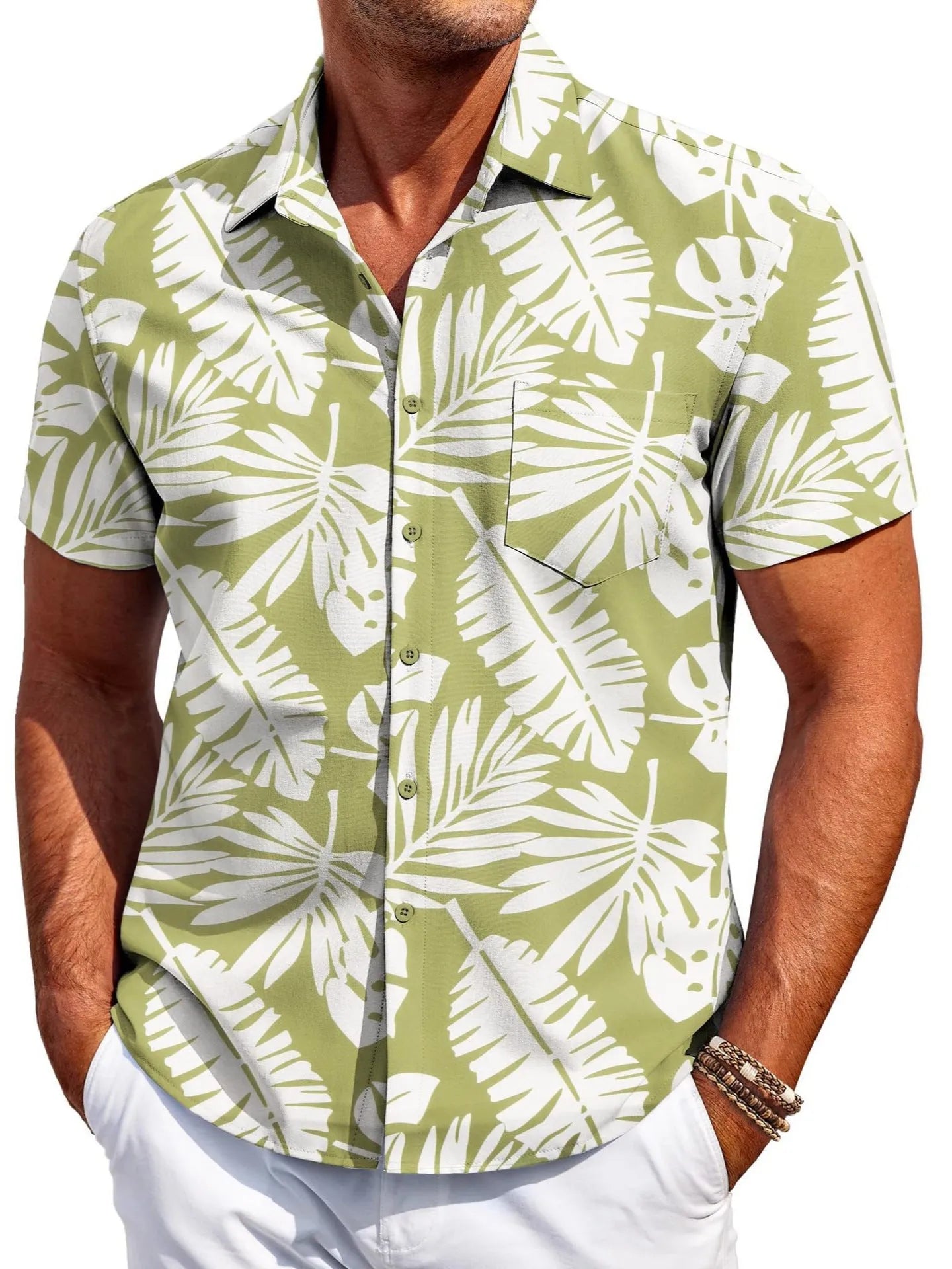 Men's slim fit Hawaiian short sleeve shirt in elastic polyester fabric.