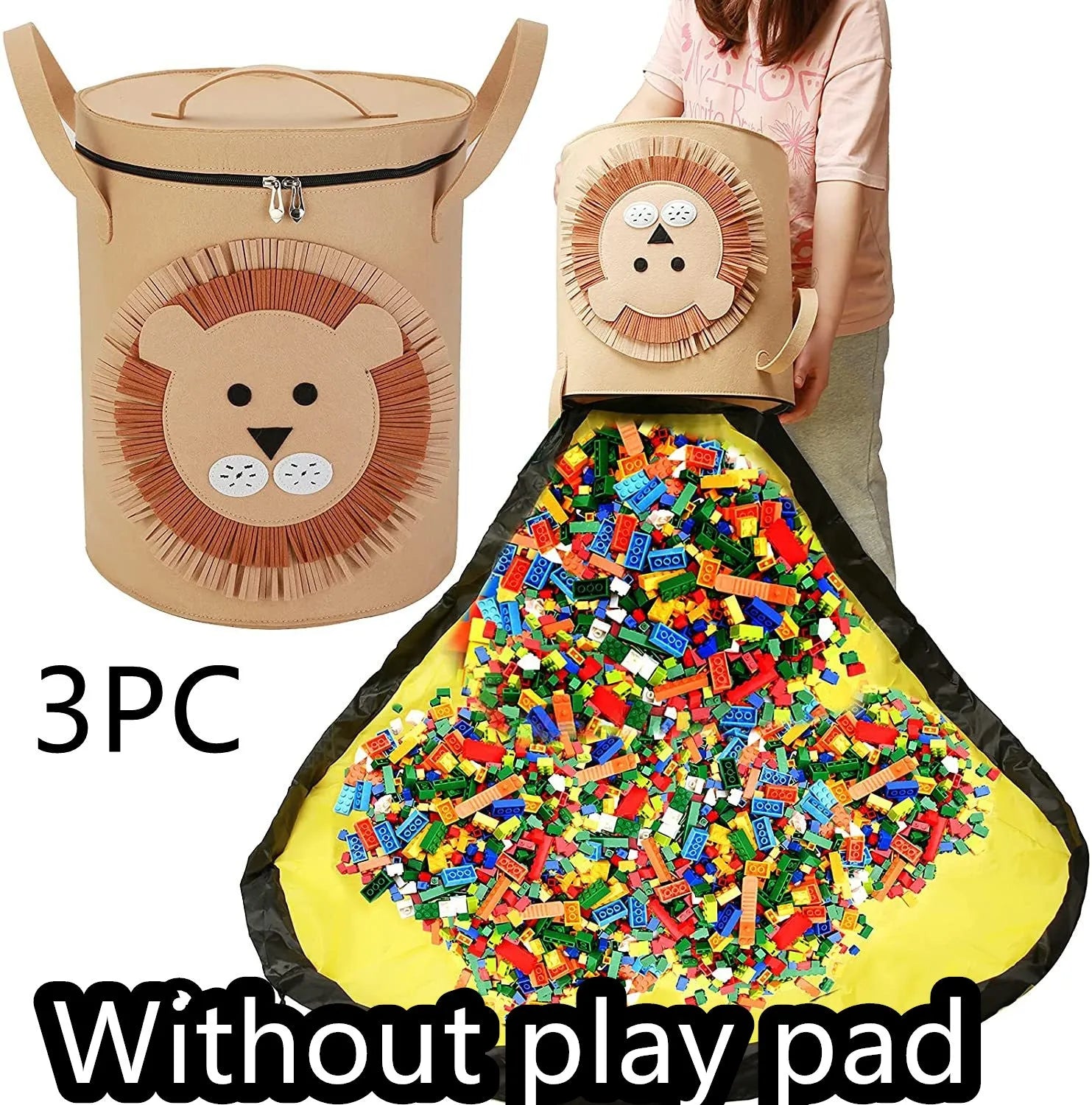 Green felt storage bag cinched closed with pull rope, shown next to it laid flat as a play mat