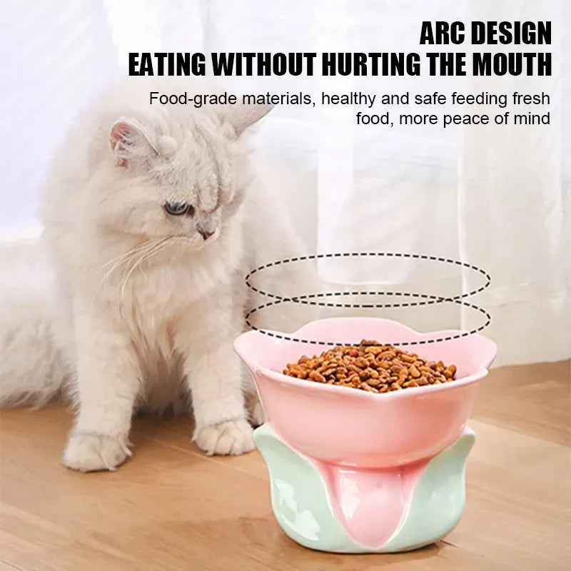 Blue floral patterned ceramic pet bowl with elevated design and non-slip base for cats and small dogs