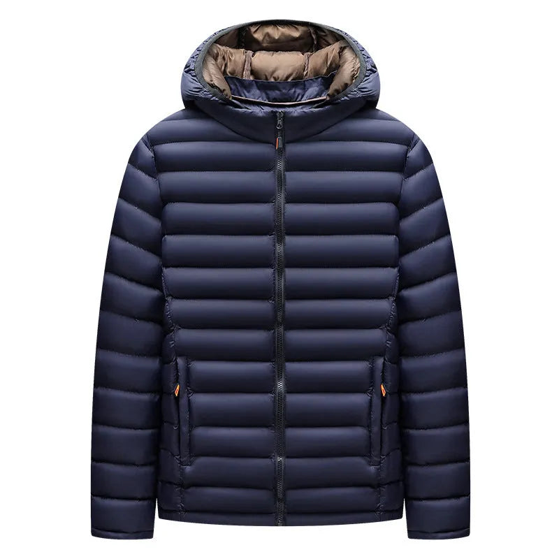 Men's lightweight black down jacket with a hood and detachable collar, showing zipper and pocket detail.