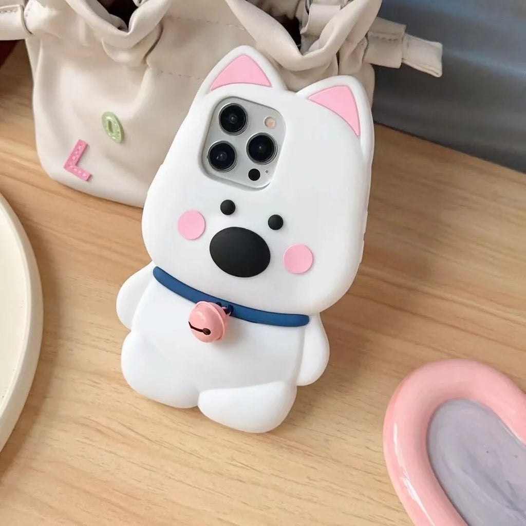 Pink silicone phone case with cartoon little white dog and bell charm for iPhone