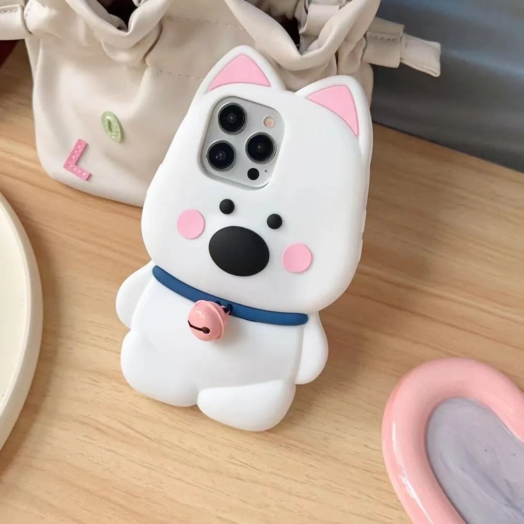Pink silicone phone case with cartoon little white dog and bell charm for iPhone