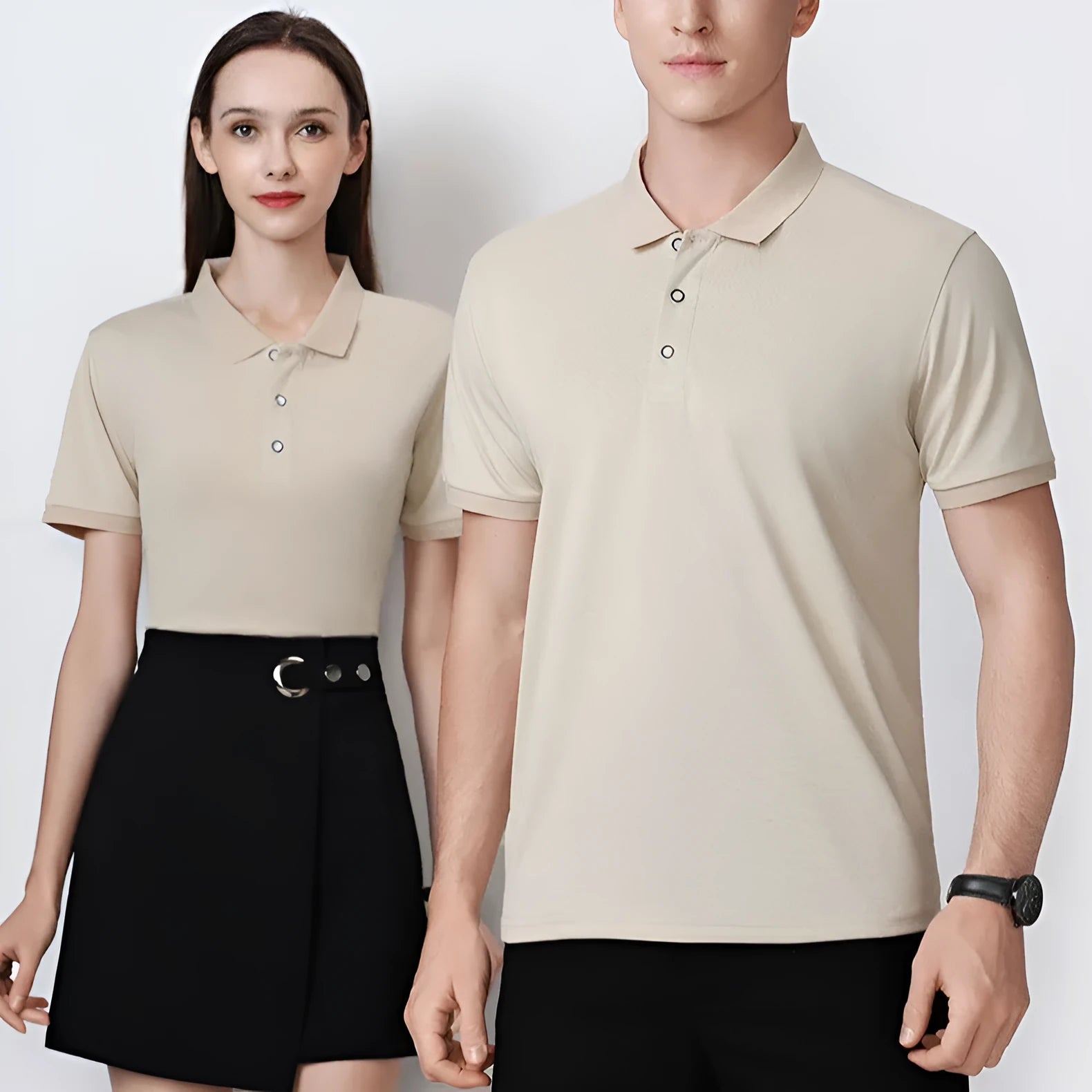 Short sleeve ice silk polo shirt on a hanger, shown in a solid colour with an advertising logo pattern.