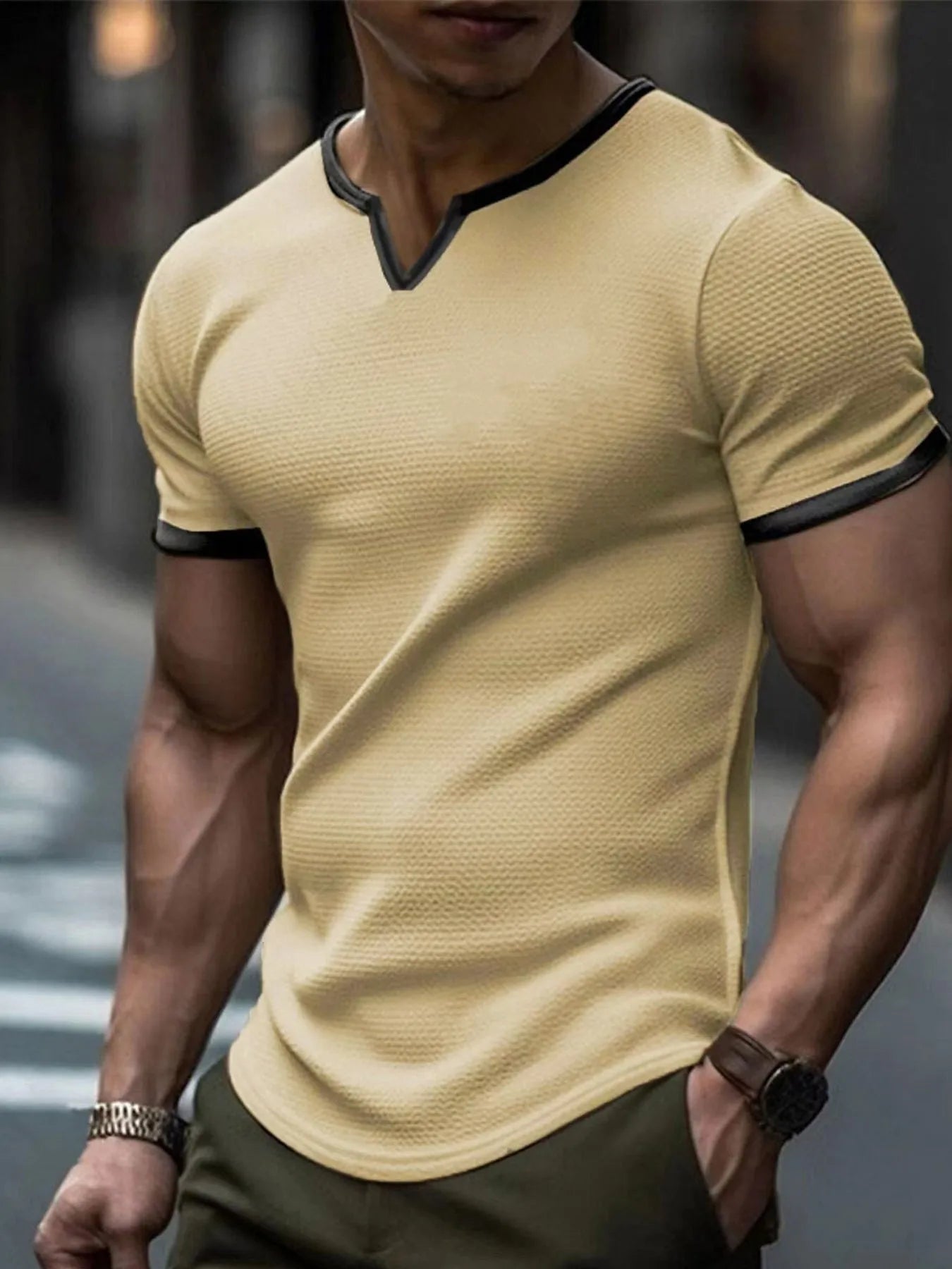 Colour-block V-neck outdoor sports waffle t-shirt in army green, polyester short-sleeve top