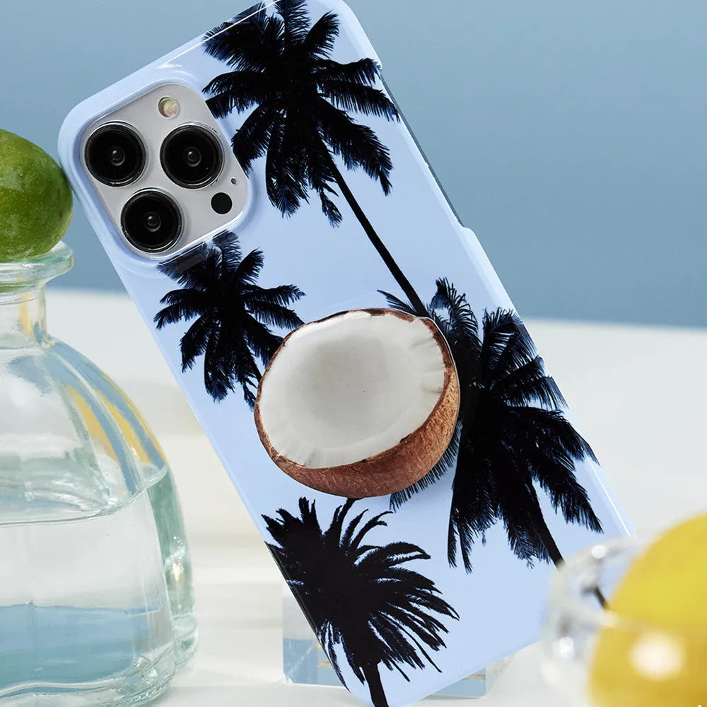 Summer coconut design TPU iPhone case shown with optional bracket attachment for multiple iPhone models