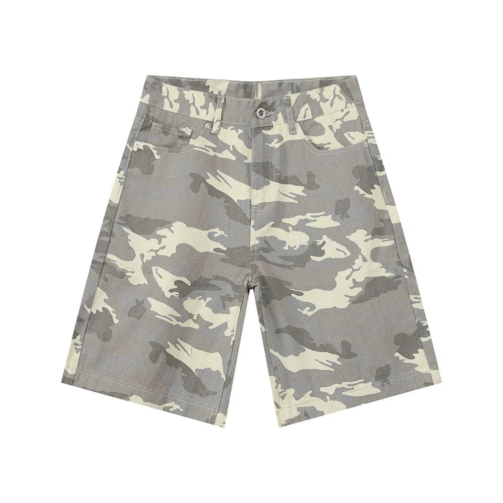 Men's American-style camouflage loose wide leg cotton denim shorts with zipper fly