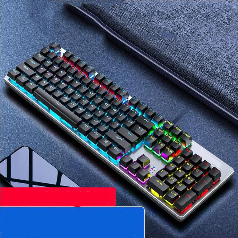 AOC GK410 wired mechanical keyboard with backlit keys on a desktop, showing full 104-key layout.