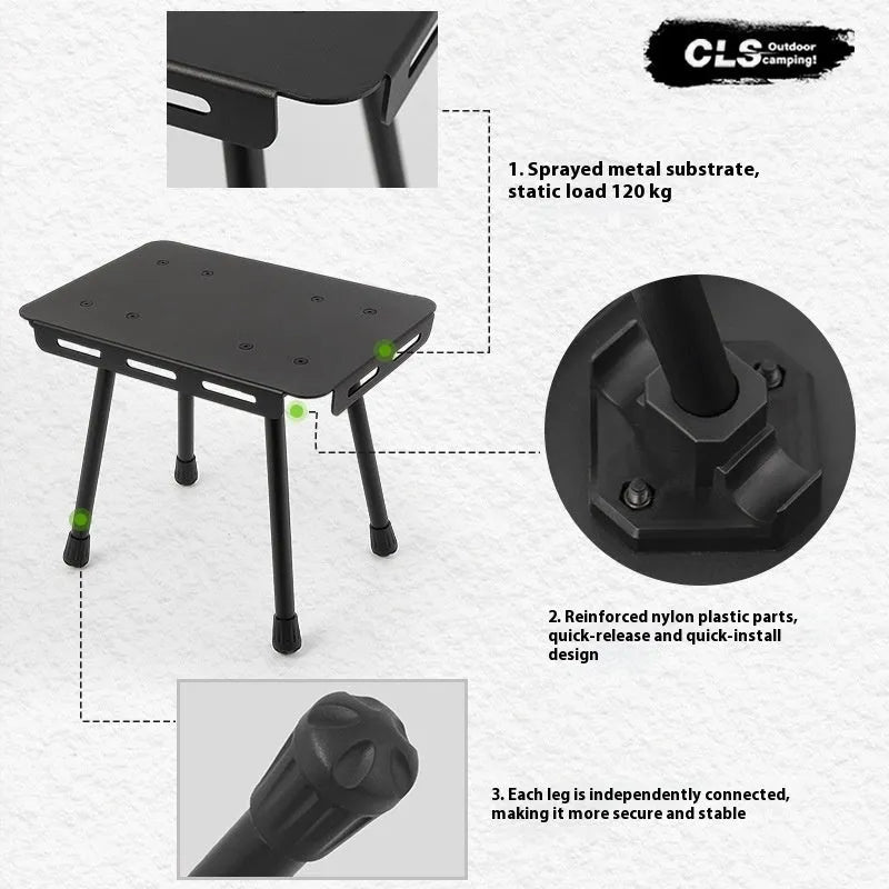 CLS Outdoor aluminium folding camping stool converted into a small table, with Army Green PU cushion and storage bag.