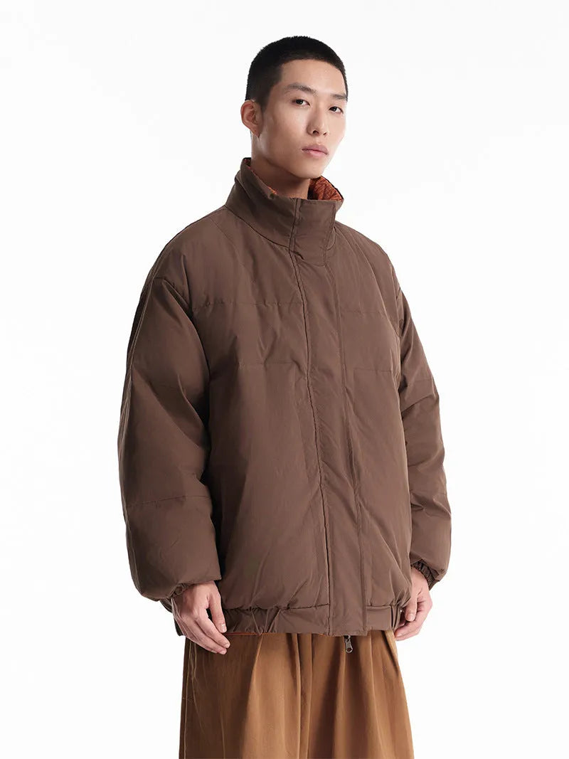 Men's brown plaid reversible down jacket with stand-up collar and hood, medium length, white duck down filling