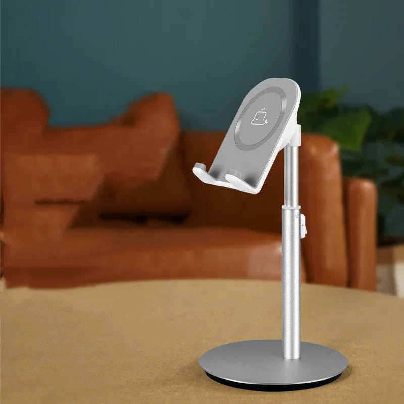 Silver metal desktop stand for phones and tablets S1 model upright on a desk