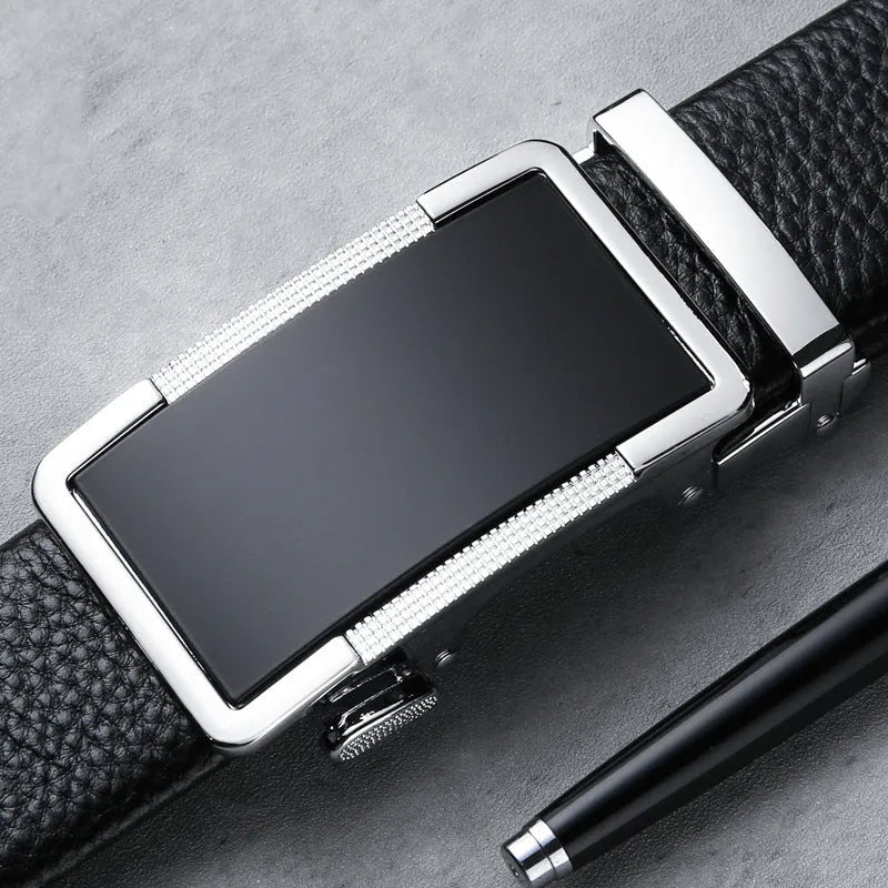 Men's leather automatic click buckle belt in gun black, silver, or gold colour