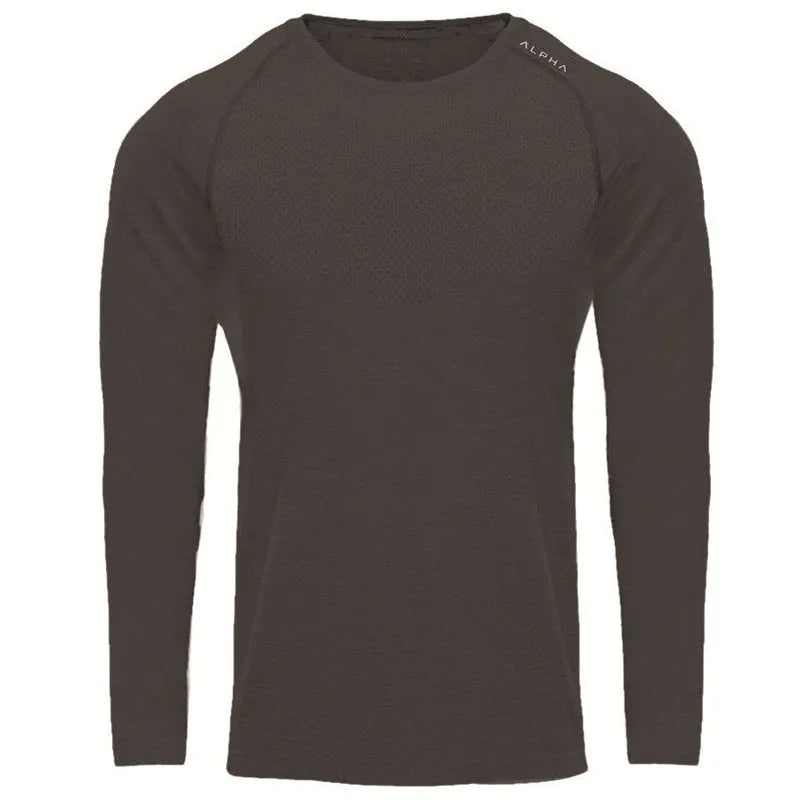Men long sleeve mesh breathable gym T-shirt in black, crew-neck, heavy jersey fabric, size M to XXL