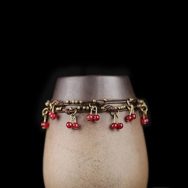 Double circle bracelet red colour quartzite jade stone handmade zinc alloy adjustable with extension chain
