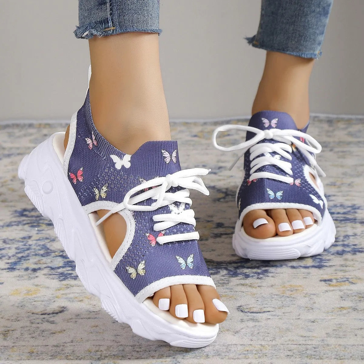Print lace-up sports sandals with mesh upper, peep toe, hollow back, and rubber sole in summer casual style