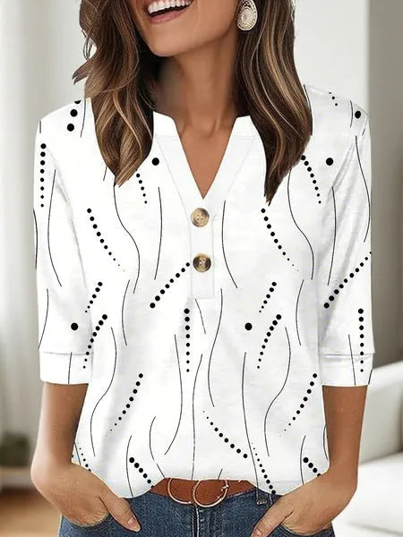 Women's casual V-neck top with 3D printed pattern in loose Japanese Korean style