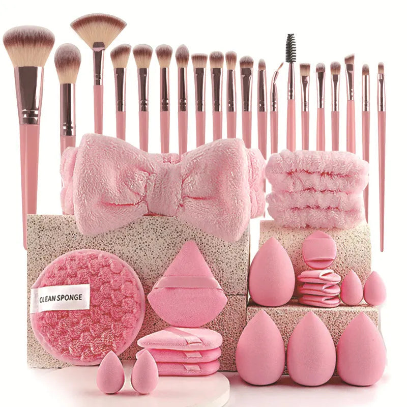 Hydrophilic non-latex beauty brush set with face washing and makeup application tools in brown, pink, or purple colours