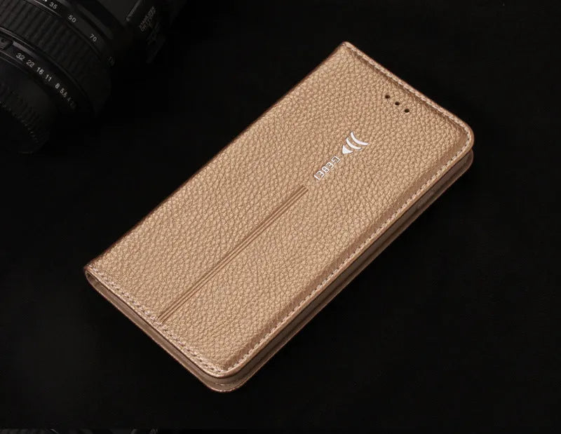 Brown PU leather wallet phone case for iPhone showing card slots and cash pocket.