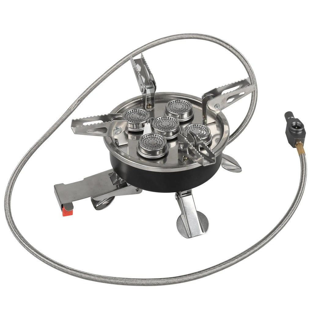 Silver portable split camping stove with stainless steel and copper construction, shown with 100cm hose.