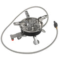 Silver portable split camping stove with stainless steel and copper construction, shown with 100cm hose.
