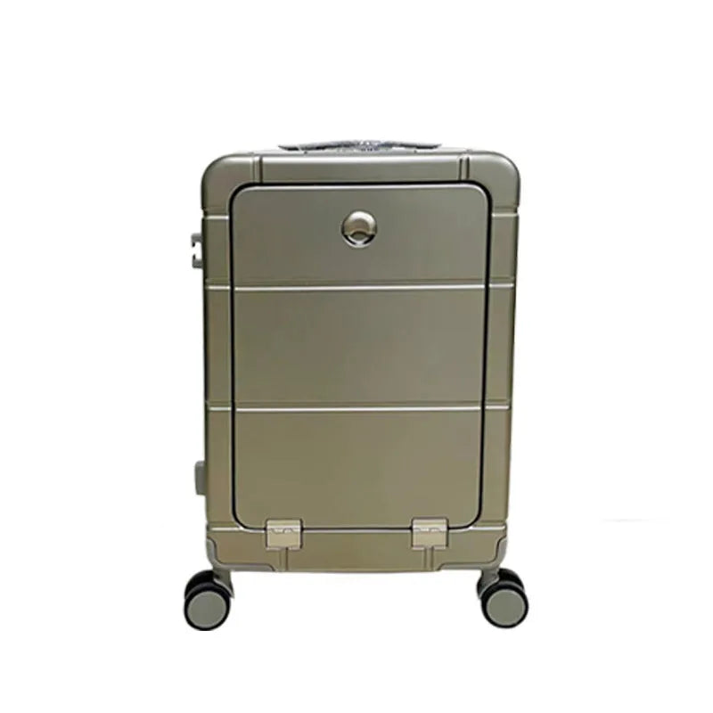 Front opening 20-inch suitcase in silver showing separate wet and dry compartments and a built-in cup holder.