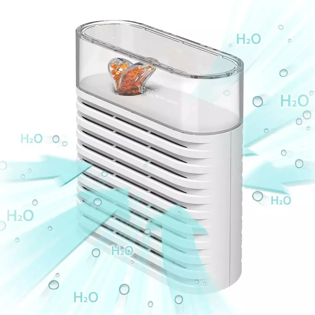 White reusable cabinet dehumidifier box with transparent top showing colour-change indicator